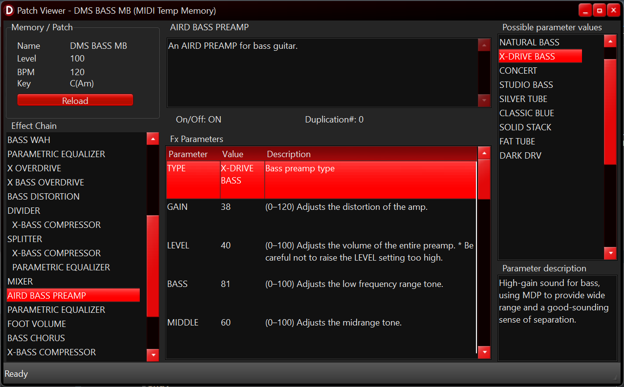 Boss GX-100 patch viewer showing signal chain and effect parameters